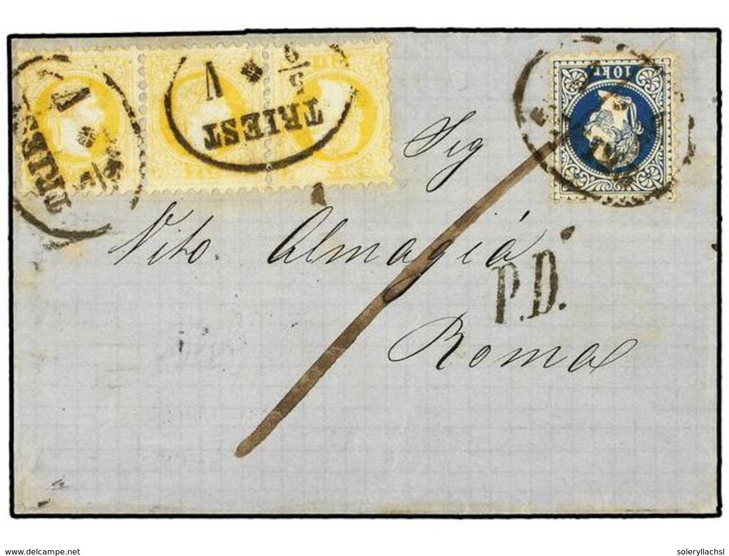 13 AUSTRIA. Sc.27, 30. 1868 (Sept. 5). Cover From TRIEST To ROME With Rare 16 Kreuzer Rate Paid By 1867 <B>2kr.</B> Yell - Sonstige & Ohne Zuordnung