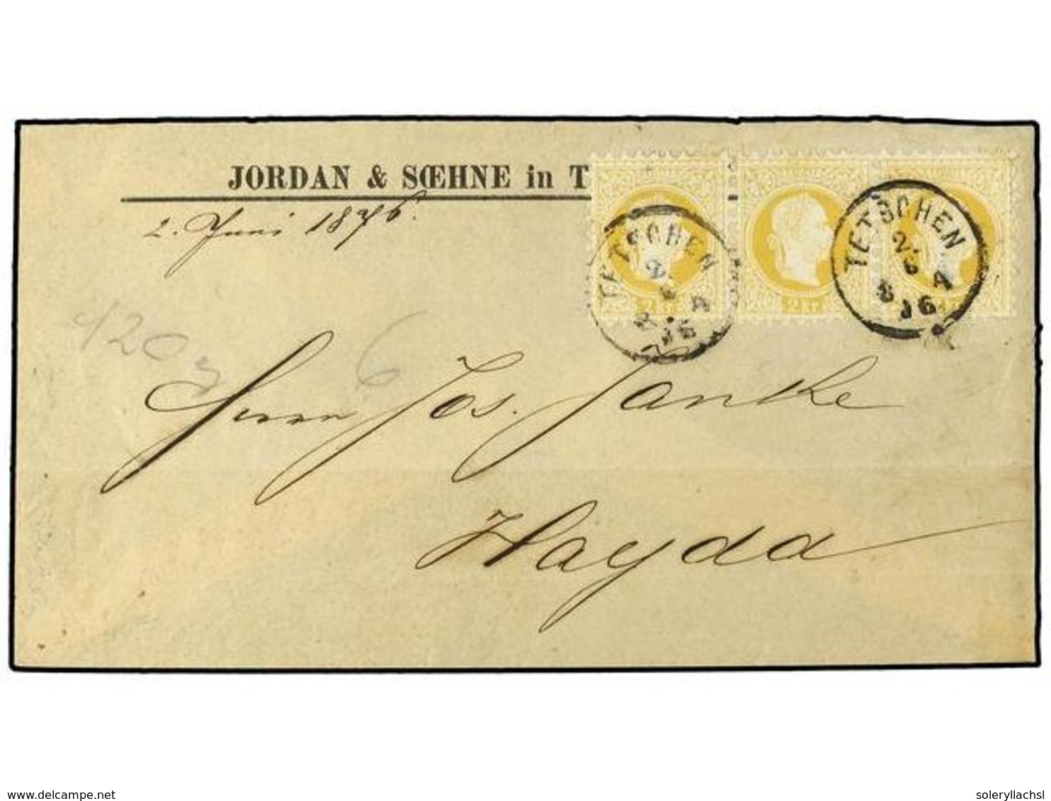 14 AUSTRIA. 1876 [June 2]. Cover To Hayda With Scarce Franking Of 1876 Strip Of Three <B>2kr</B> Yellow All Tied By <B>T - Andere & Zonder Classificatie