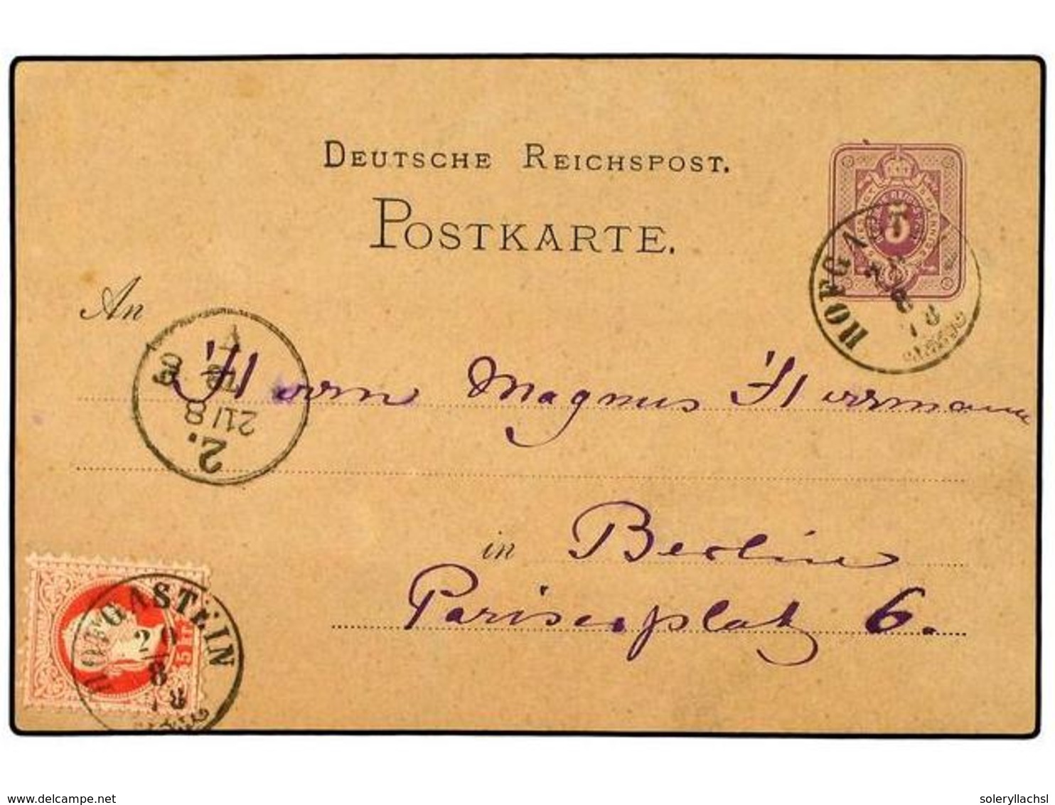 16 AUSTRIA. 1878 (Aug 20). German <B>5 Pf.</B> Violet Postal Stationery Card Used To BERLIN And Franked By Austria 1874  - Altri & Non Classificati