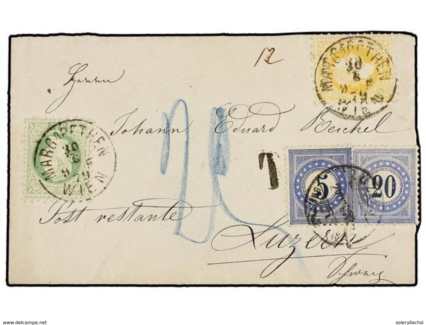 17 AUSTRIA. 1879. WIEN To LUZERN (Switzerland). Envelope Franked With <B>2 Kr.</B> Yellow And <B>3 Kr.</B> Green, Taxed  - Other & Unclassified