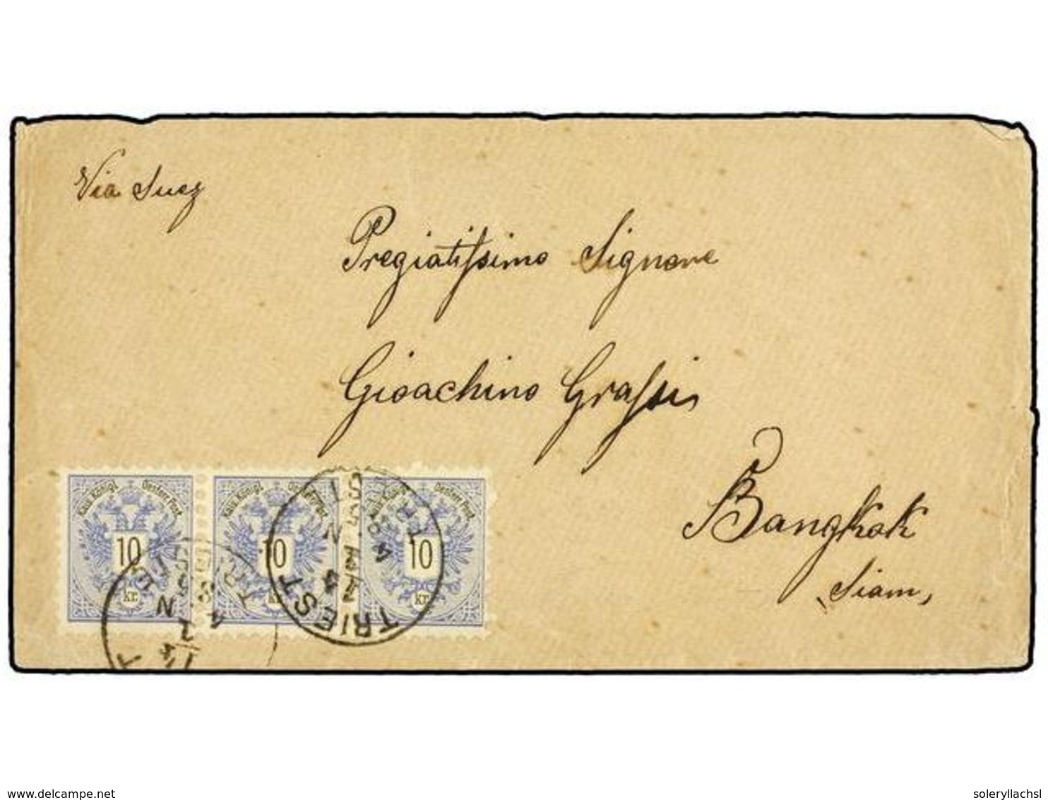 19 AUSTRIA. 1885 (January). Letter Franked With Strip Of Three <B>10Kr. </B>Arms Issue (1883), Prepaying The 30Kr. Lette - Autres & Non Classés