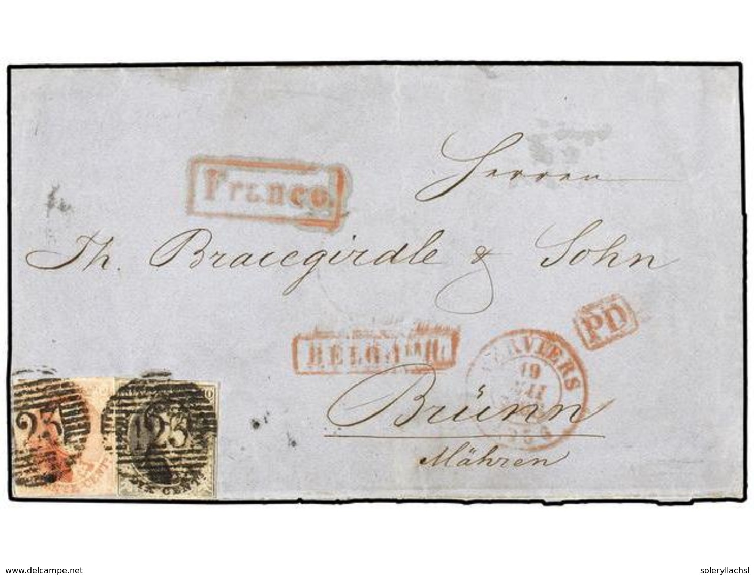 23 BELGICA. Of.6, 8. 1856. VERVIERS To BRÜNN (Germany). Folded Letter Franked With <B>10 Cts.</B> Brown And <B>40 Cts. < - Other & Unclassified