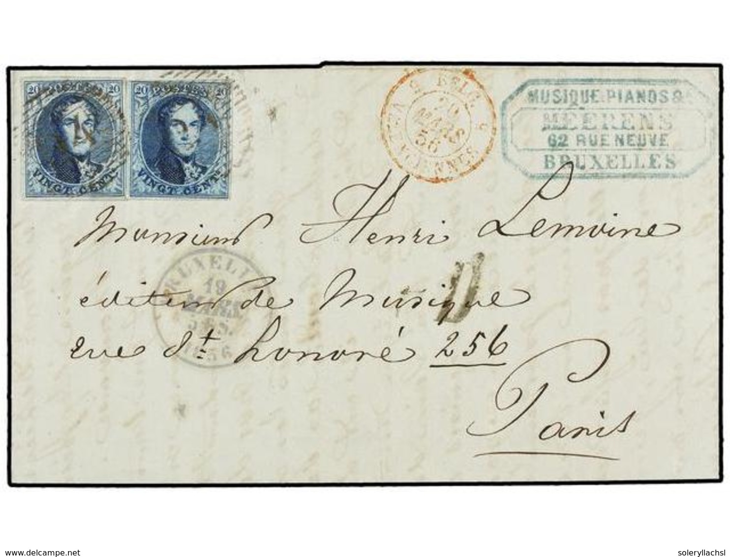 26 BELGICA. Of.7 (2). 1856. BRUXELLES To PARÍS. Entire Letter Franked With Two <B>20 Cts.</B> Blue, Complete Margins, Ti - Other & Unclassified