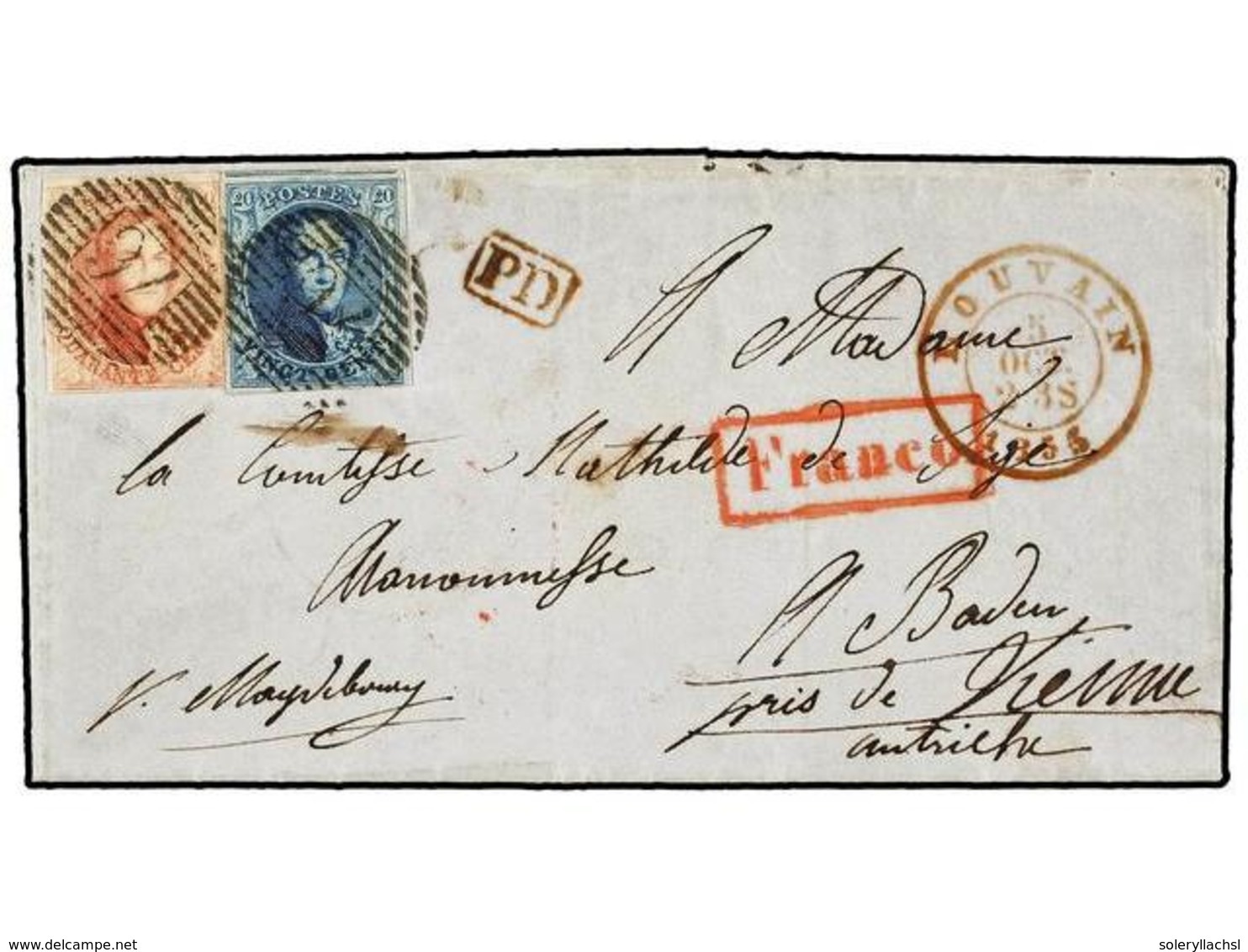 27 BELGICA. Of.7, 8. 1855. LOUVAIN To BADEN (pris De Vienne, Autriche). Entire Letter Franked With <B>20 Cts.</B> Blue A - Altri & Non Classificati