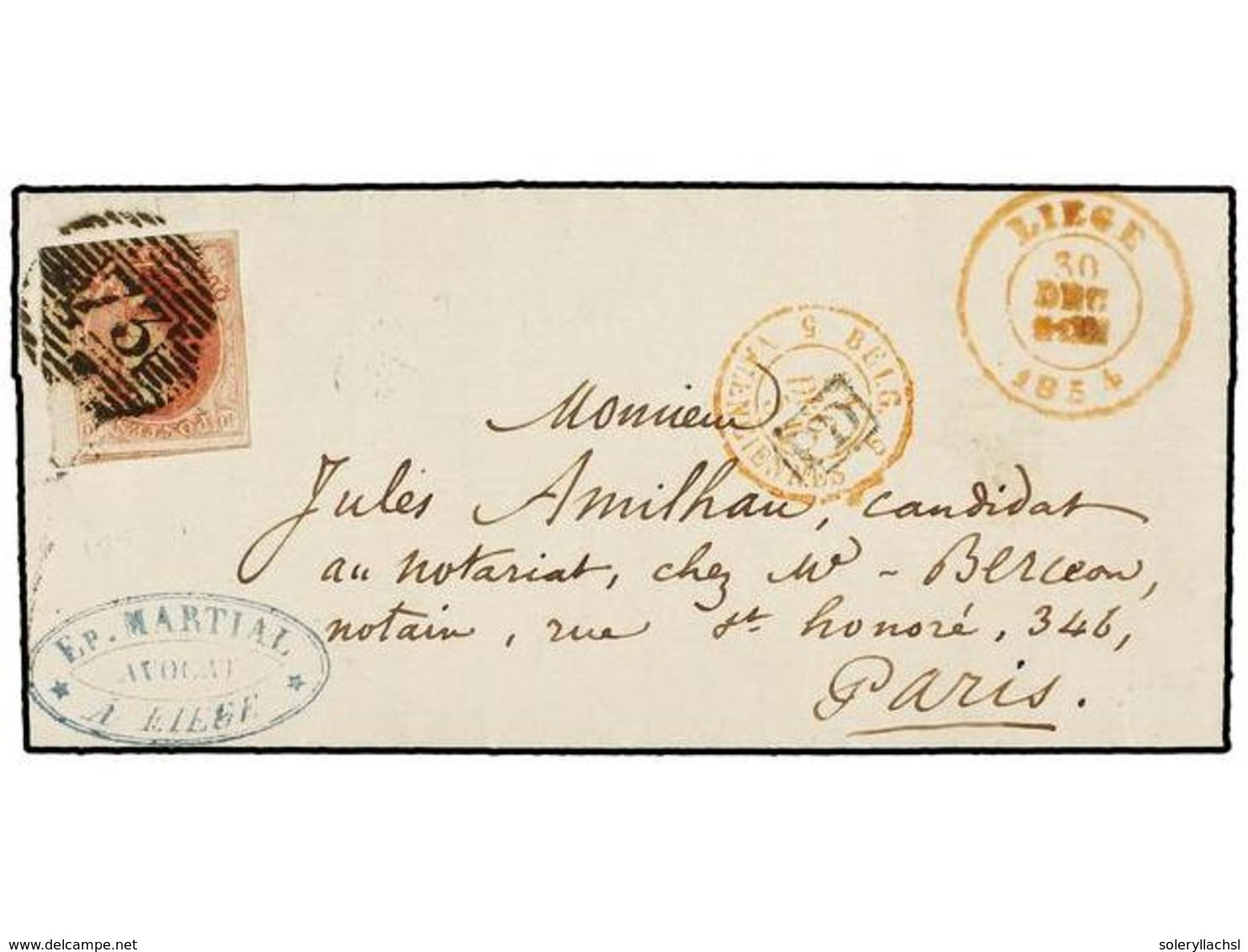 28 BELGICA. Of.8. 1854. LIEGE To PARIS. <B>40 Cts.</B> Red, Extraordinary Margins. - Other & Unclassified