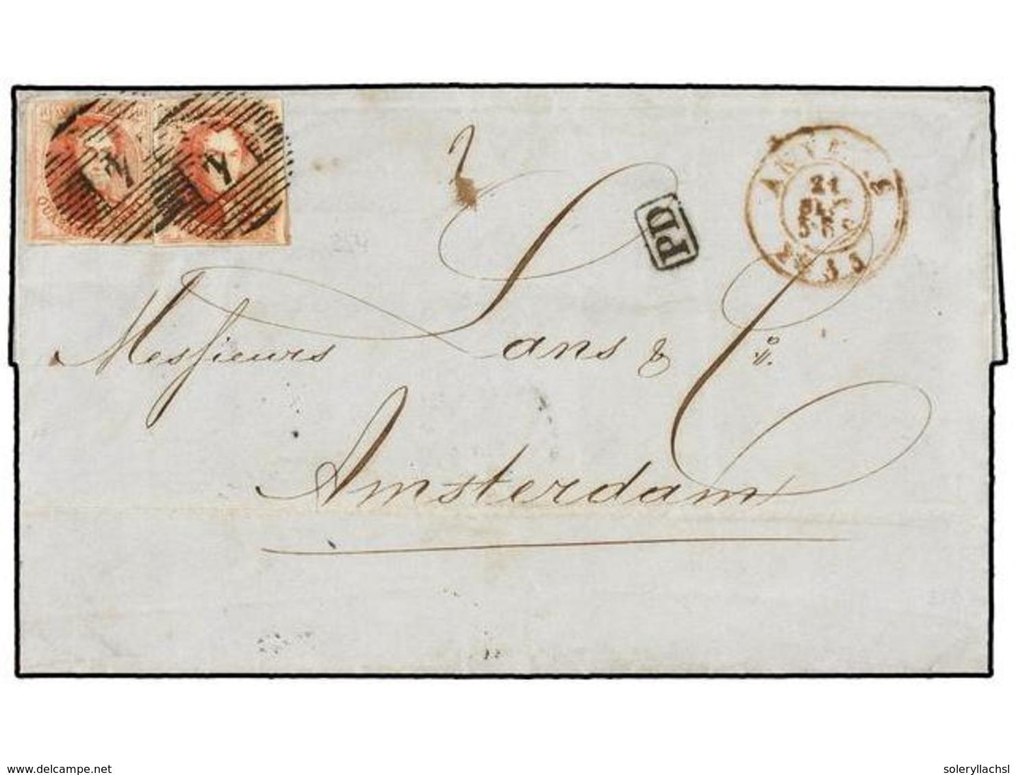 30 BELGICA. Of.8 (2). 1853. ANVERS To AMSTERDAM. Entire Letter Franked With Two <B>40 Cts.</B> Red, Complete Margins. - Altri & Non Classificati