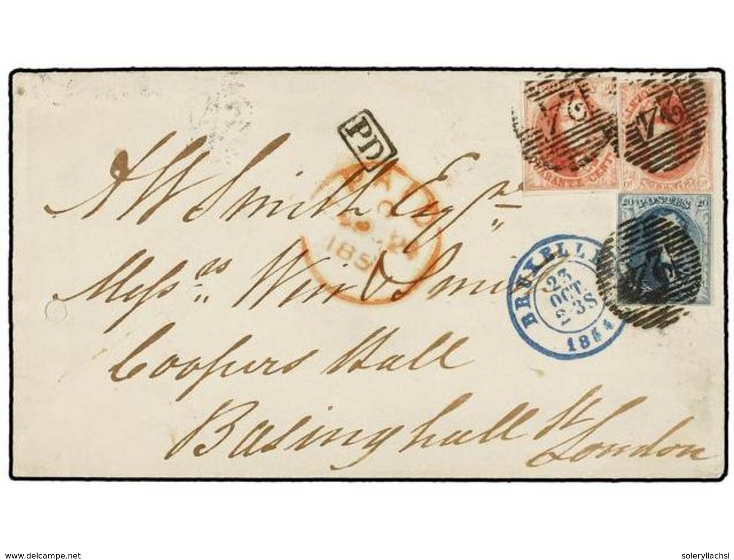 31 BELGICA. Of.7, 8 (2). 1854. BRUXELLES To LONDON. Envelope Franked With <B>20 Cts.</B> Blue And Two <B>40 Cts.</B> Red - Andere & Zonder Classificatie