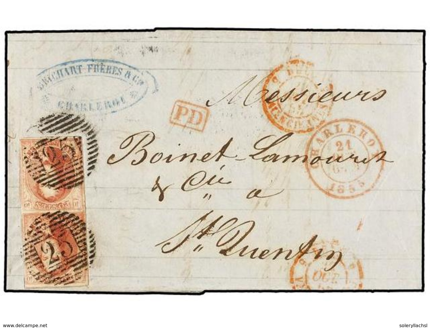 32 BELGICA. Of.8 (2). 1855. CHARLEROI To SAINT QUENTIN (France). Entire Letter Franked With A Pair Of <B>40 Cts.</B> Red - Autres & Non Classés