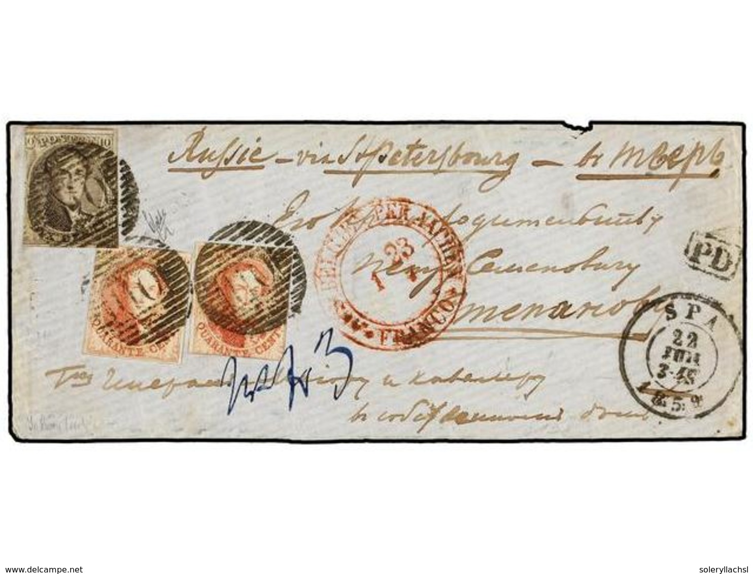 33 BELGICA. Of.6, 8 (2). 1859. SPA To TVER (Russia). Envelope Franked With <B>10 Cts.</B> Brown And Two <B>40 Cts.</B> R - Andere & Zonder Classificatie