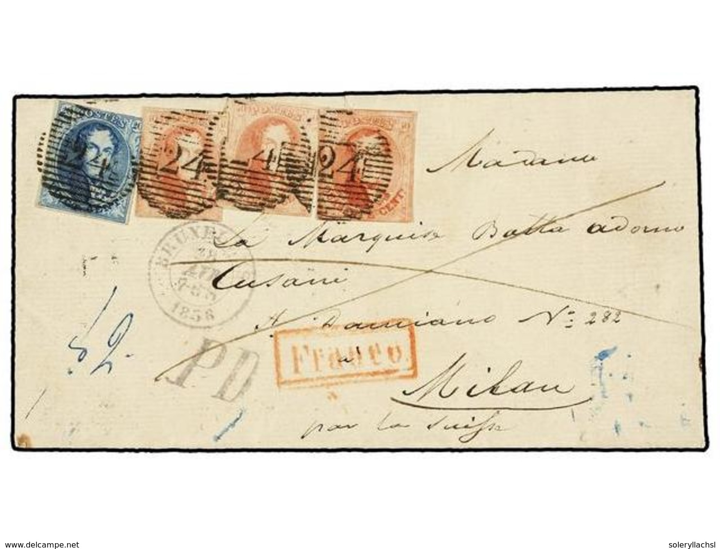 34 BELGICA. Of.7, 8 (3). 1856. BRUXELLES To MILAN (Lombardy-Venetia, Italy). Folded Letter Franked With <B>20 Cts.</B> B - Altri & Non Classificati