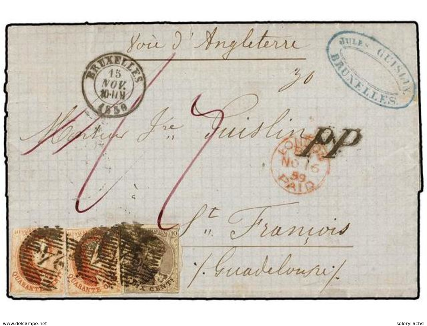 35 BELGICA. Of.6, 8 (2). 1859. BRUXELLES To SAINT FRANÇOIS (Guadeloupe Islands). Entire Letter Franked With <B>10 Cts.</ - Other & Unclassified