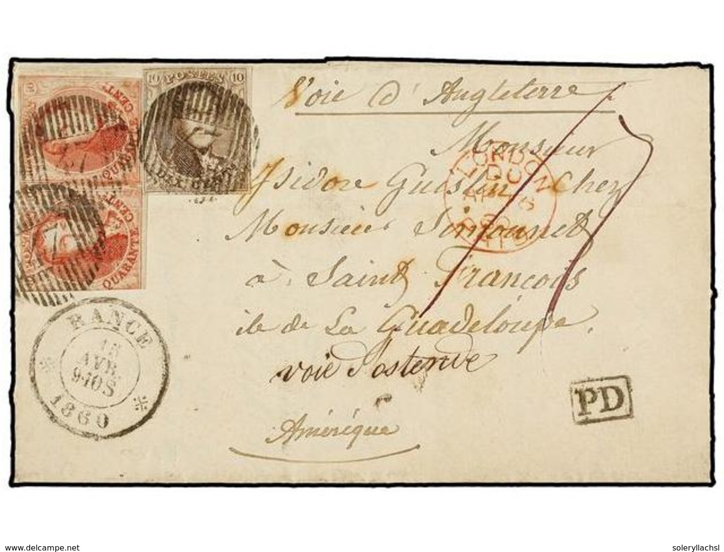 36 BELGICA. Of.6, 8 (2). 1860. RANCE To SAINT FRANÇOIS (Guadeloupe Islands). Entire Letter Franked With <B>10 Cts.</B> B - Autres & Non Classés