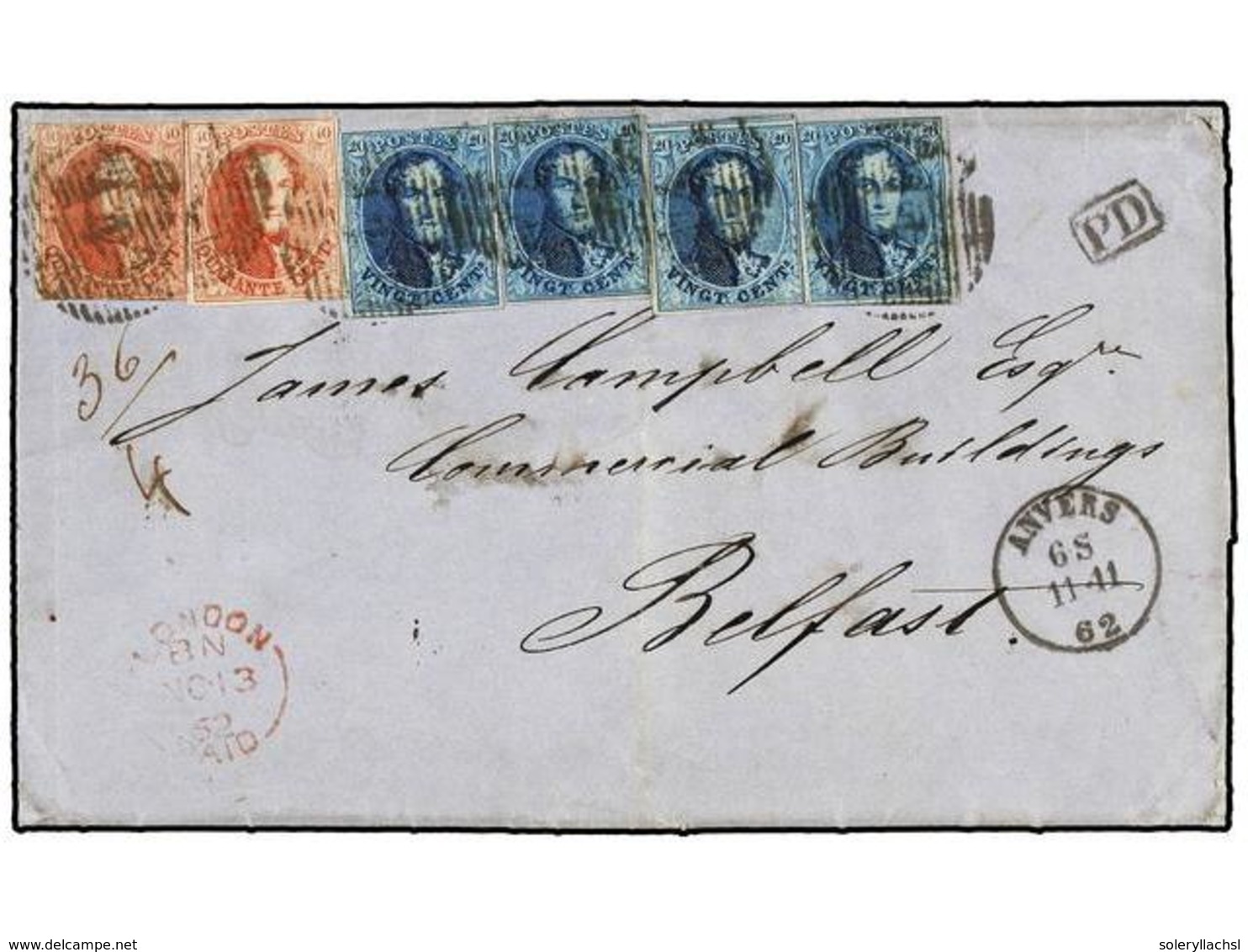 37 BELGICA. Of.11 (4), 12 (2). 1862. ANVERS To BELFAST (Northern Ireland). Entire Letter Franked With Four <B>20 Cts.</B - Other & Unclassified