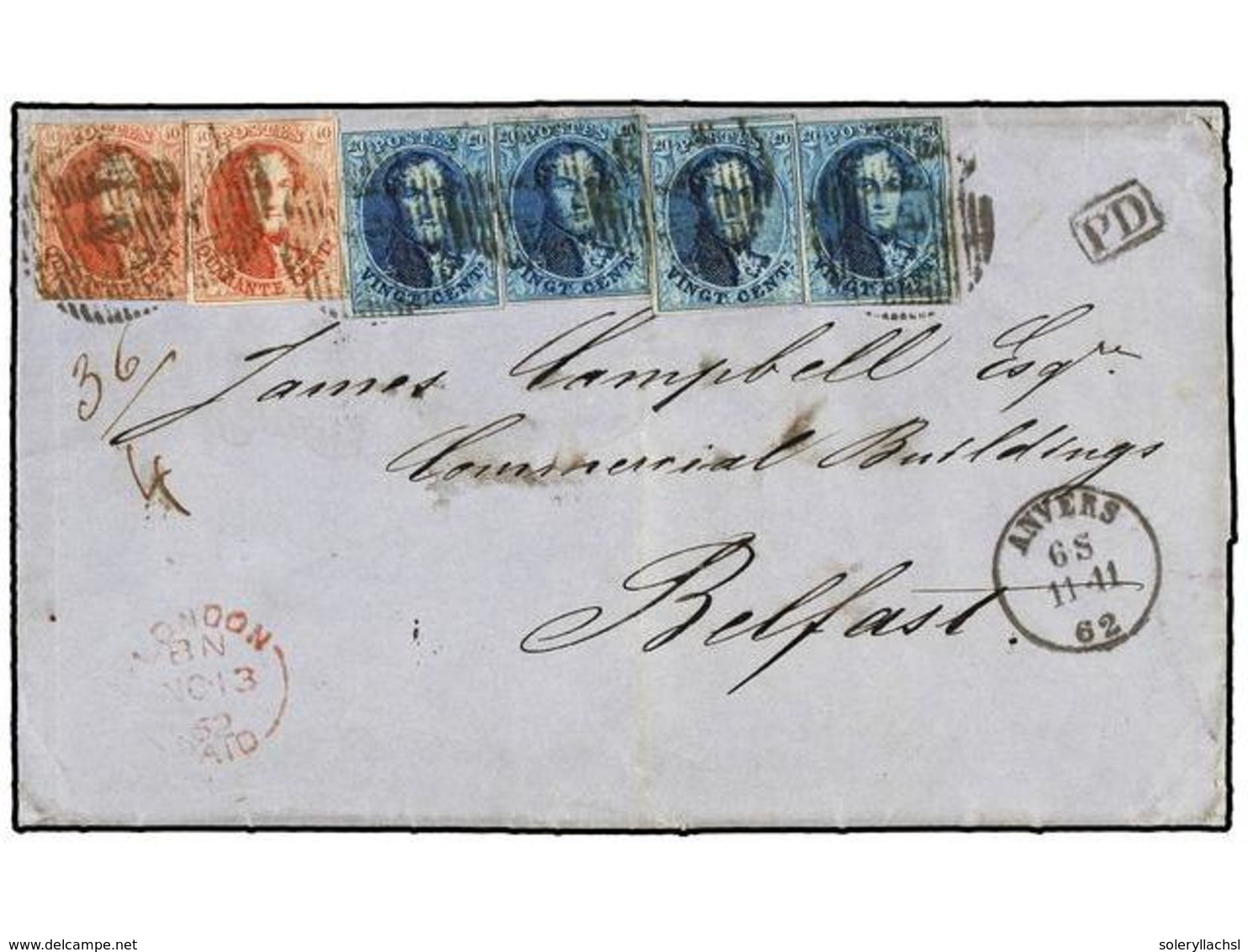 37 BELGICA. Of.11 (4), 12 (2). 1862. ANVERS To BELFAST (Northern Ireland). Entire Letter Franked With Four <B>20 Cts.</B - Altri & Non Classificati