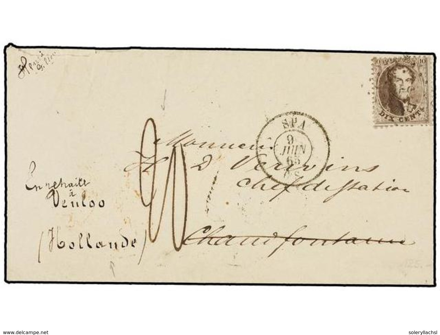 38 BELGICA. Of.14. 1865. SPA To CHAUDFONTAINE. Envelope Franked With <B>10 Cts.</B> Brown. Redirected To VENLO (Holland) - Andere & Zonder Classificatie