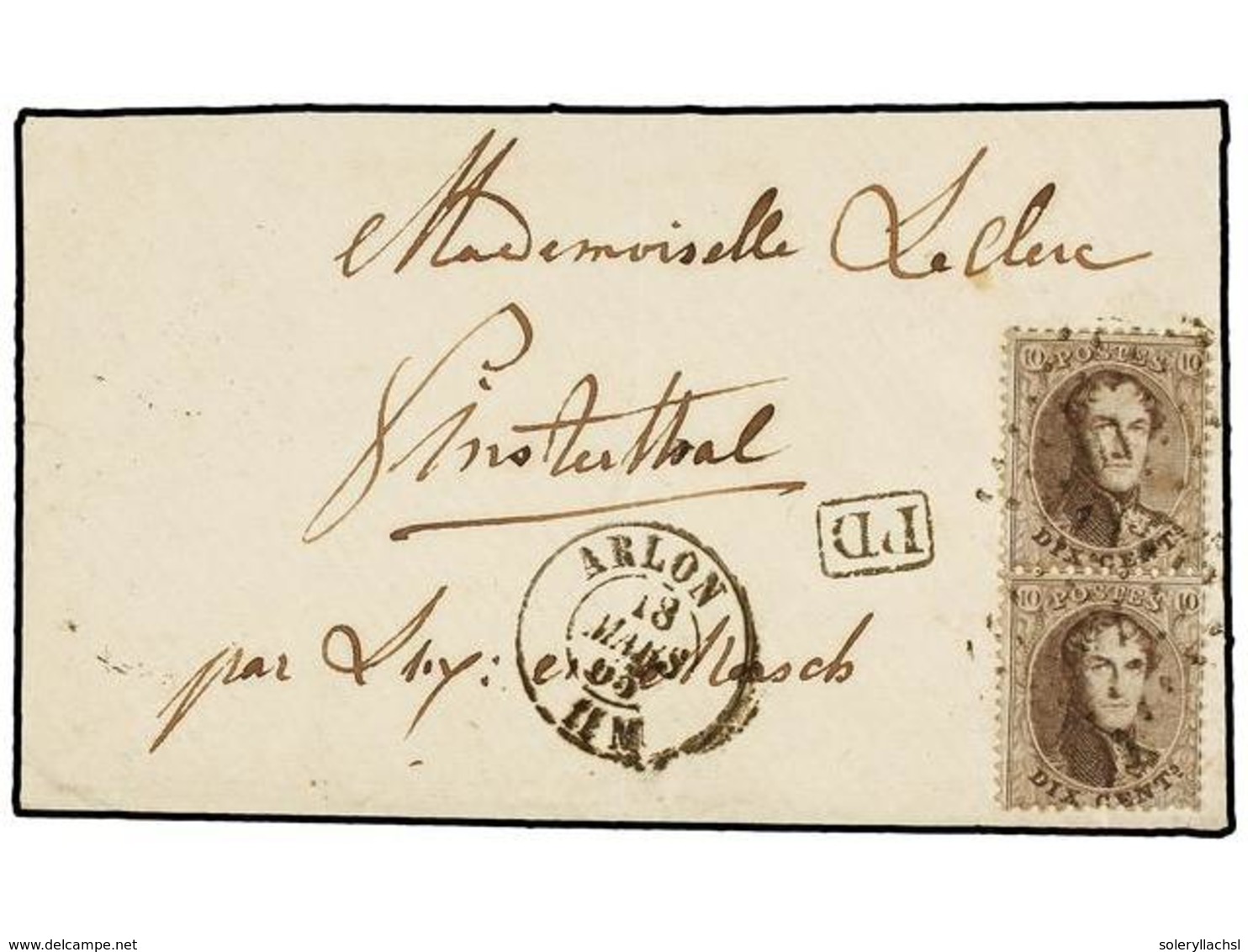 39 BELGICA. Of.14 (2). 1865. ARLON To FINSTERTHAL (Luxembourg). Envelope Franked With Two <B>10 Cts.</B> Brown Stamps. P - Andere & Zonder Classificatie
