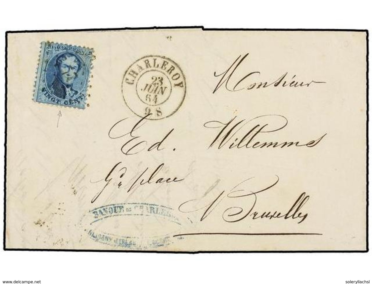 41 BELGICA. Of.15. 1864. CHARLEROI To BRUXELLES. Entire Letter Franked With <B>20 Cts.</B> Blue Stamp, Vertical Colour L - Sonstige & Ohne Zuordnung