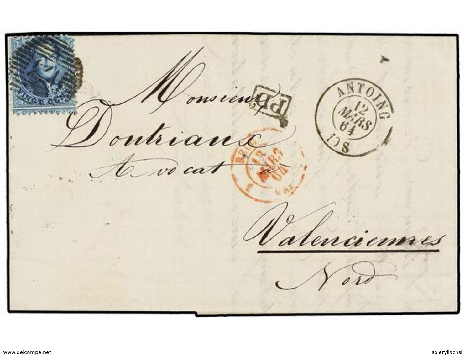 42 BELGICA. Of.15. 1864. ANTOING To VALENCIENNES (France). Entire Letter Franked With <B>20 Cts.</B> Blue. <B>BORDER RAT - Autres & Non Classés