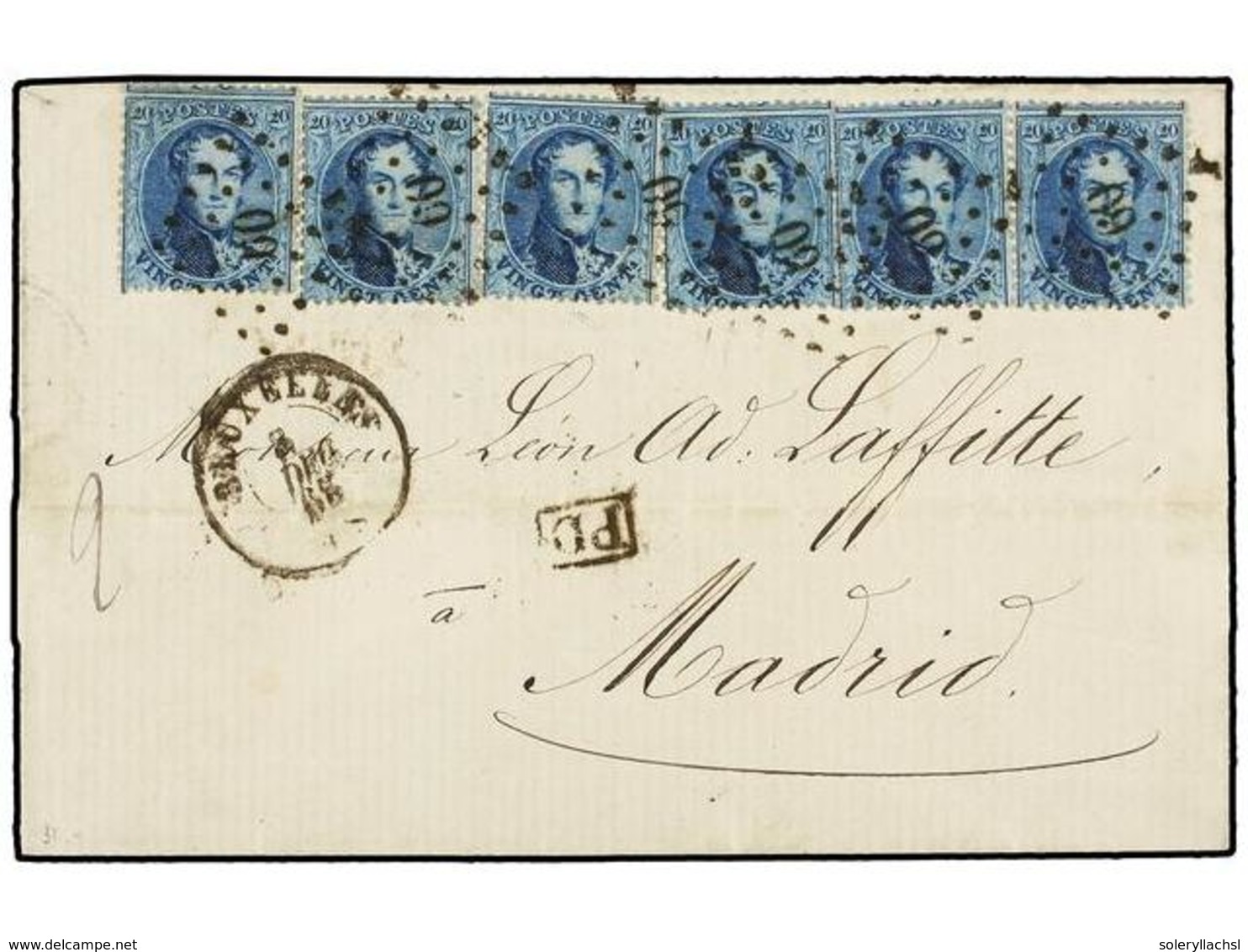 43 BELGICA. Of.15 (6). 1865. BRUXELLES To MADRID (Spain). Folded Letter Franked With Six <B>20 Cts.</B> Blue Stamp Tied  - Andere & Zonder Classificatie