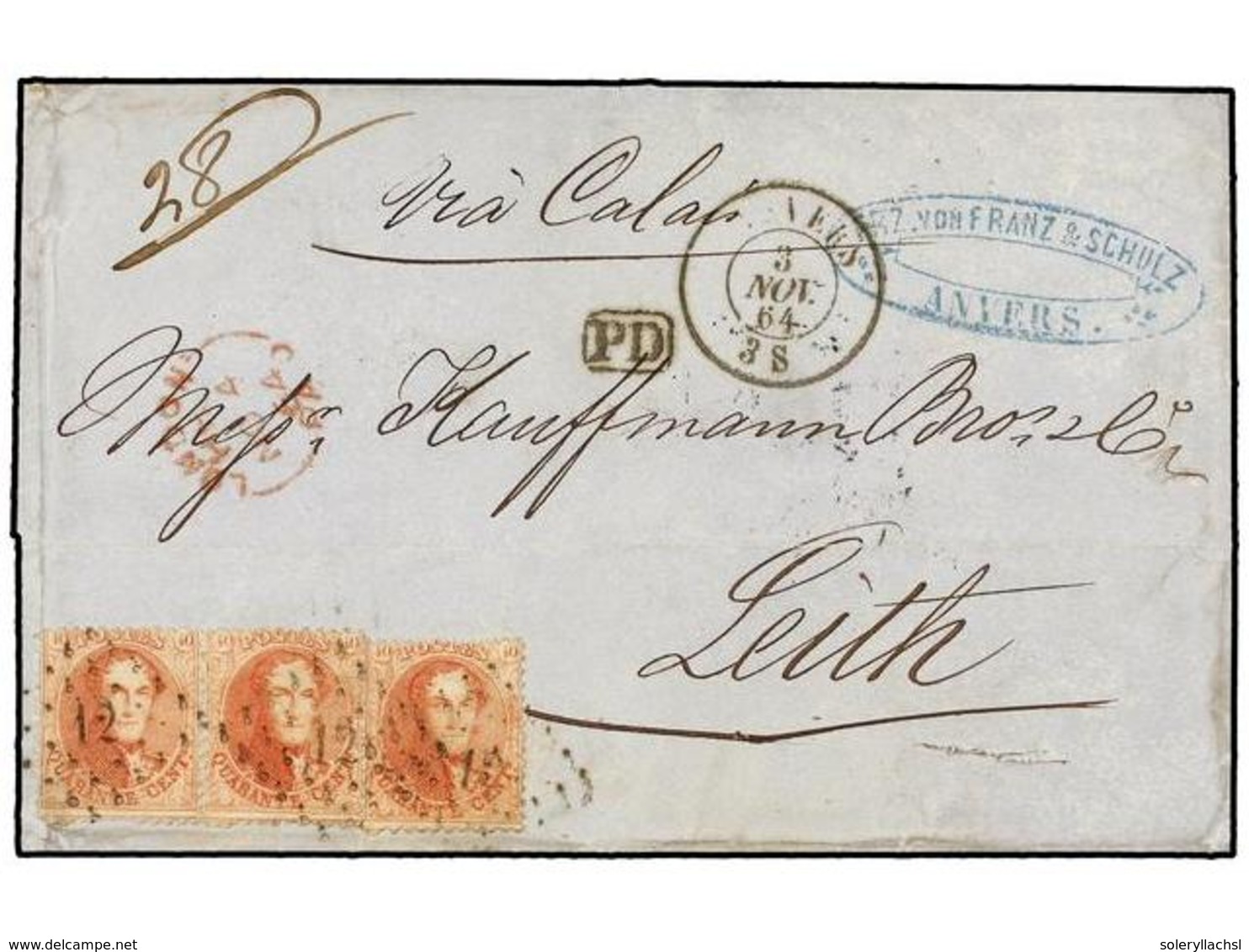 45 BELGICA. Of.16 (3). 1864. ANVERS To LEITH (Great Britain). Folded Letter Franked With Three <B>40 Cts.</B> Red Stamps - Andere & Zonder Classificatie