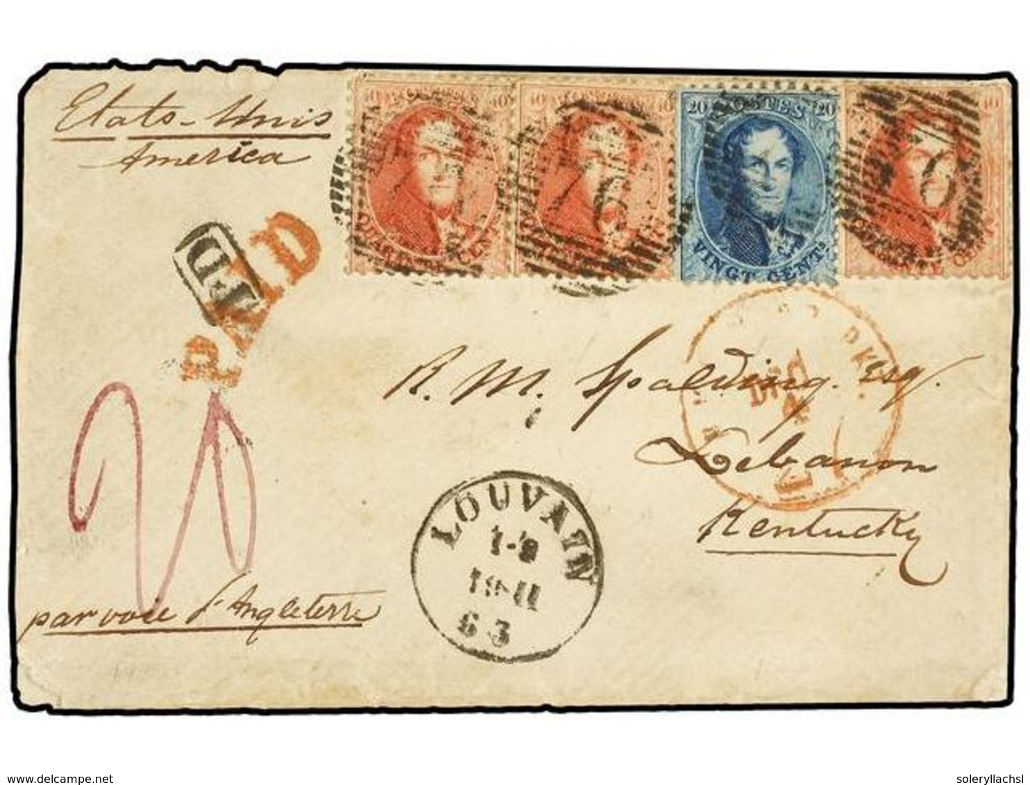 46 BELGICA. Of.15, 16 (3). 1863. LOUVAIN To LEBANON (Kentucky, U.S.A.). Envelope Franked With <B>20 Cts.</B> Blue And Th - Andere & Zonder Classificatie