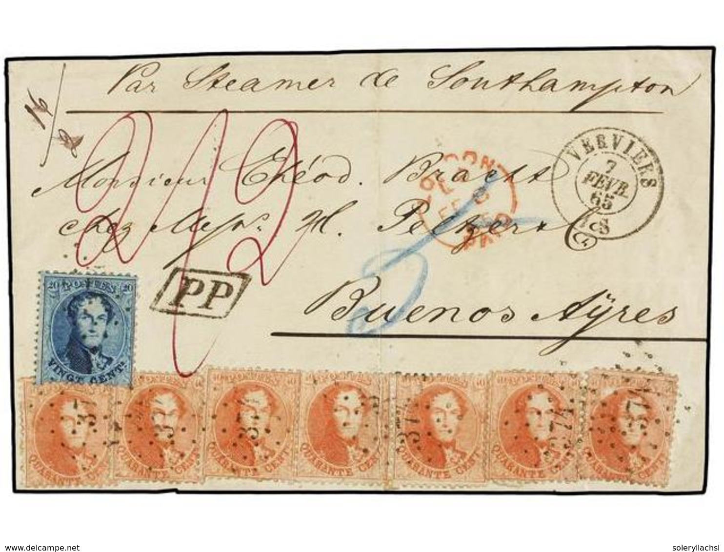 48 BELGICA. Of.15, 16 (7). 1865. <B>FRONT ONLY</B>. VERVIERS To BUENOS AIRES (Argentina), Franked With <B>20 Cts.</B> Bl - Andere & Zonder Classificatie