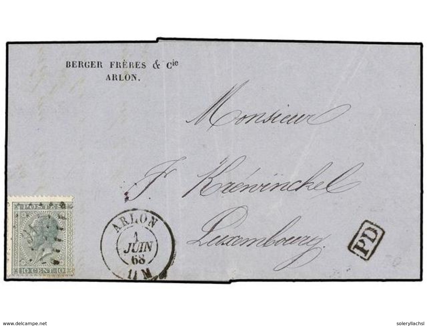 49 BELGICA. Of.17. 1868. ARLON To LUXEMBOURG. Entire Letter Franked With <B>10 Cts.</B> Grey, Tied By <B>16 Grill</B> Ca - Andere & Zonder Classificatie