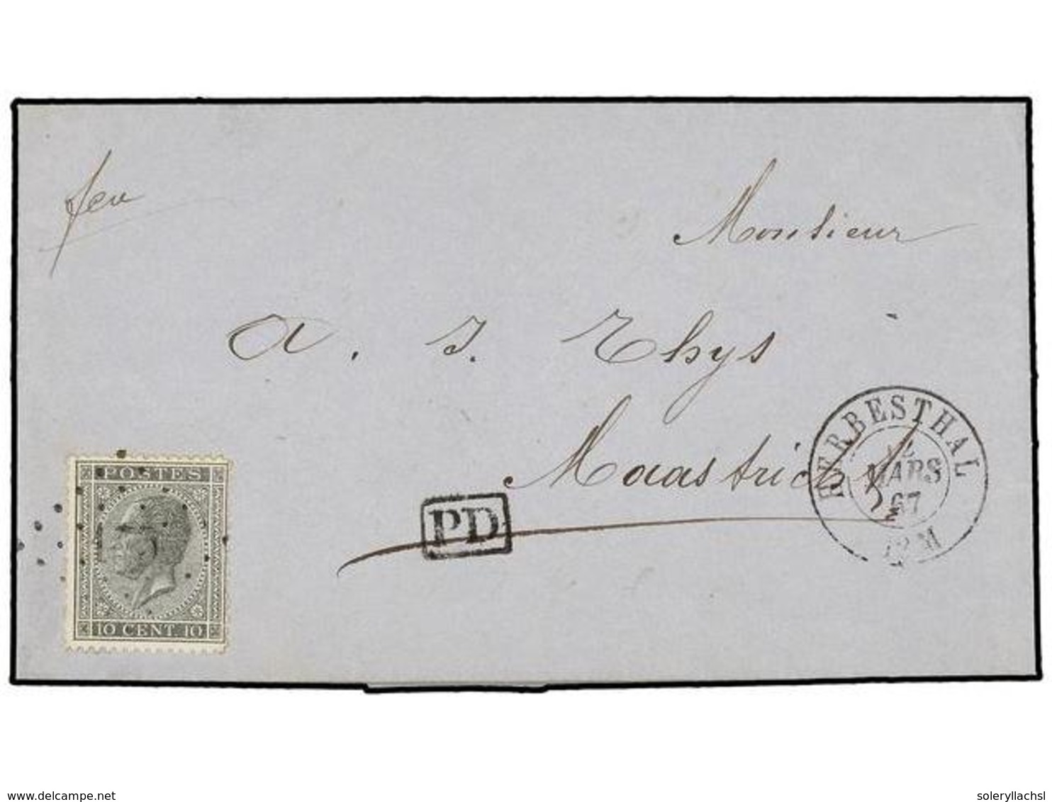 50 BELGICA. Of.17. 1867. HERBESTHAL To MAASTRICH (Holland). Entire Letter Franked With <B>10 Cts.</B> Grey. Arrival Cds. - Autres & Non Classés