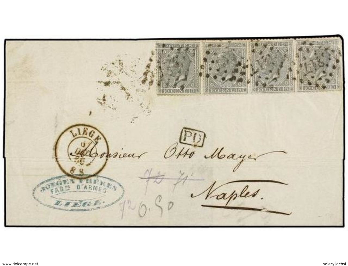 51 BELGICA. Of.17 (4). 1866. LIEGE To NAPOLI (Italy). Folded Letter Franked With Strip Of Four, Tied By <B>217 Grill</B> - Autres & Non Classés