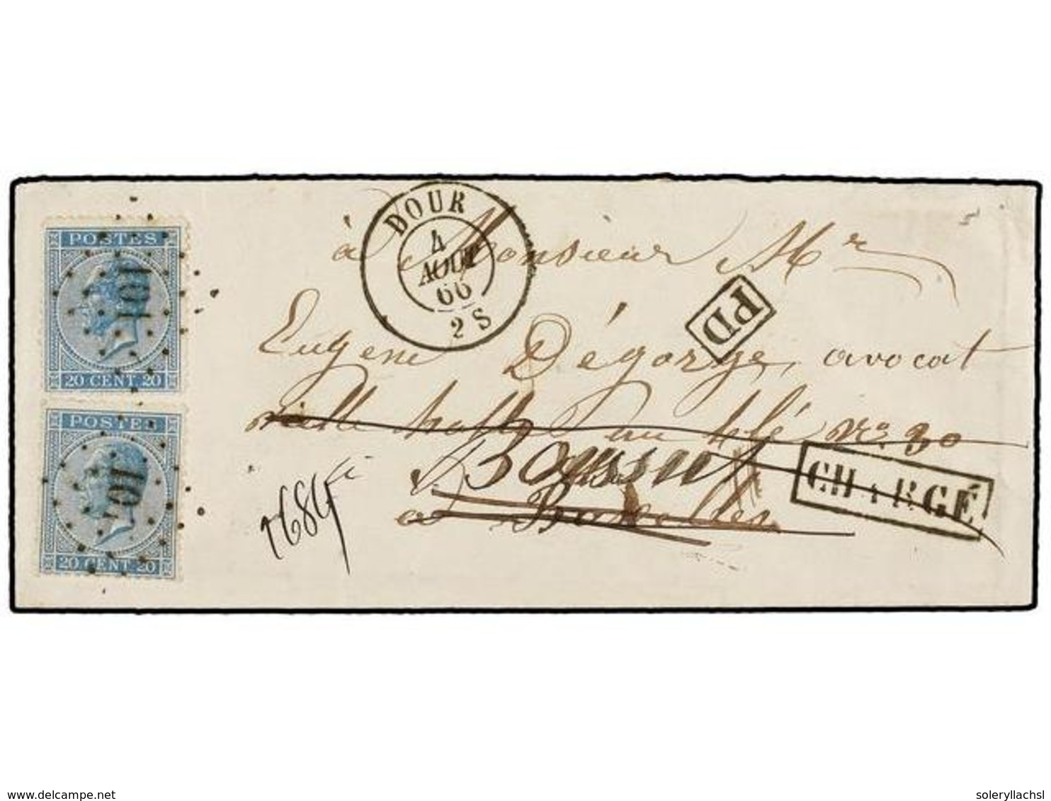 52 BELGICA. Of.18 (2). 1866. DOUR To BRUXELLES And Redirected To BOUSSU. Envelope Franked With Two <B>20 Cts.</B> Blue S - Sonstige & Ohne Zuordnung