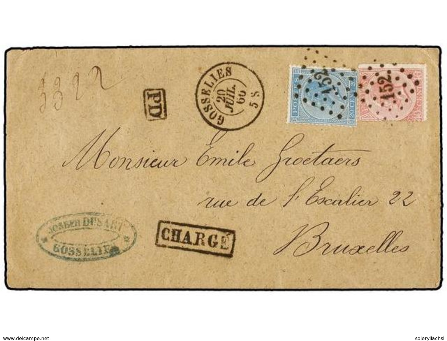 53 BELGICA. Of.18, 20. 1866. GOSSELIES To BRUXELLES. Envelope Franked With <B>20 Cts. </B>blue And <B>40 Cts.</B> Rose S - Other & Unclassified