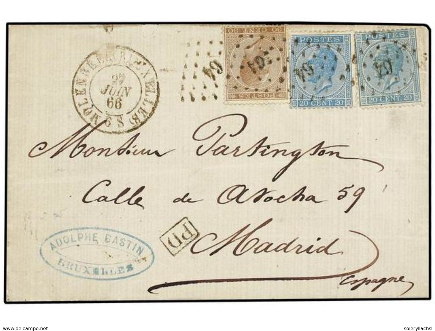 54 BELGICA. Yv.18+18A+19. 1866. MOELENBEEK (Bruxelles) A MADRID. <B>20 Cts.</B> Azul, <B>20 Cts.</B> Azul Claro Y <B>30  - Autres & Non Classés