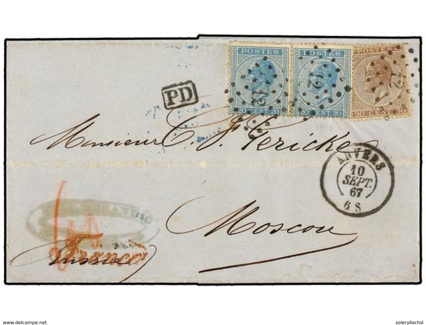 56 BELGICA. Of.18 (2), 19. 1867. ANVERS To MOSCOW (Russia). Entire Letter Franked With Two <B>20 Cts.</B> Blue Stamps An - Autres & Non Classés