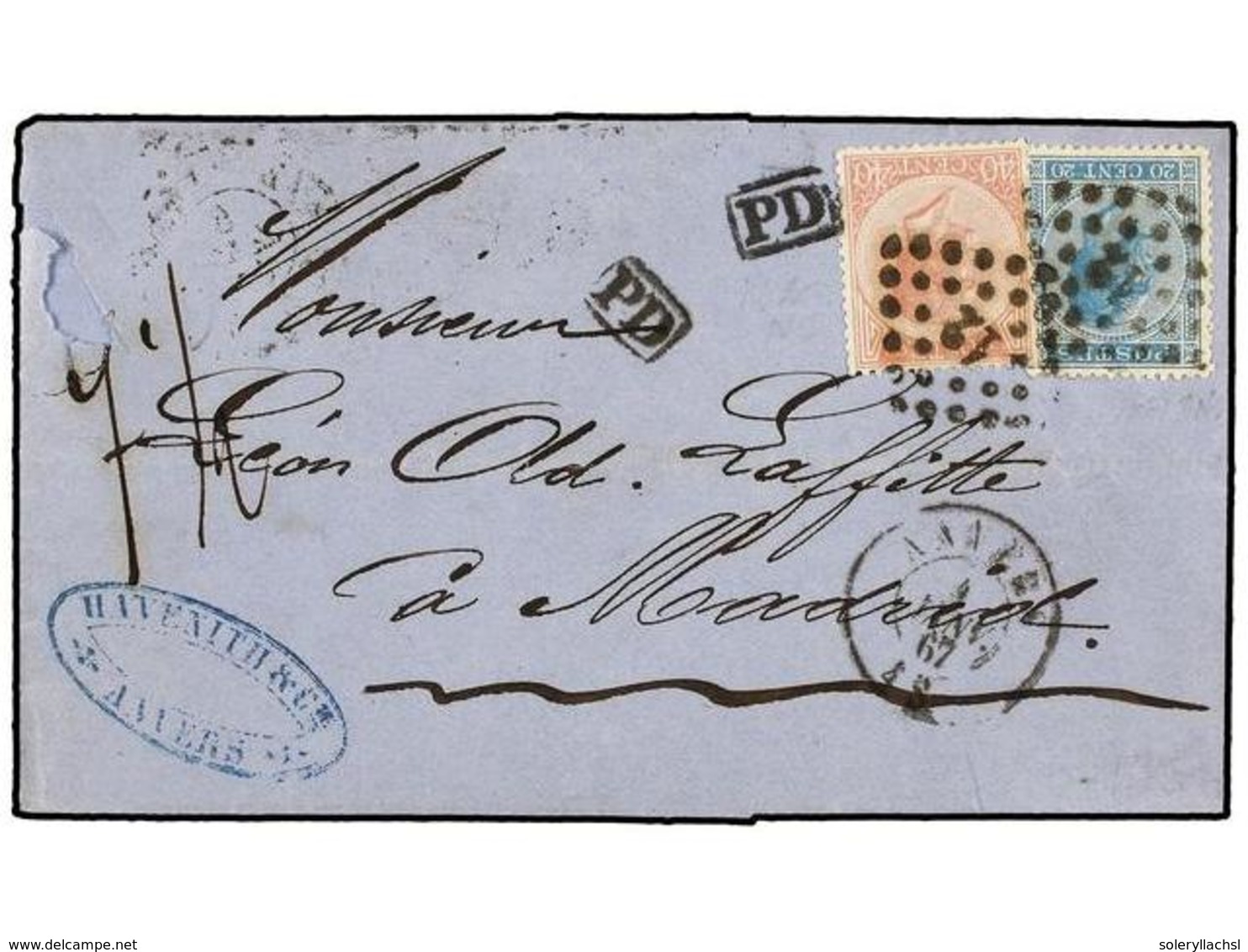 57 BELGICA. Yv.18, 20. 1867. ANVERS A MADRID (España). <B>20 Cts.</B> Azul Y <B>40 Cts.</B> Rosa. Al Dorso Llegada. RARA - Sonstige & Ohne Zuordnung