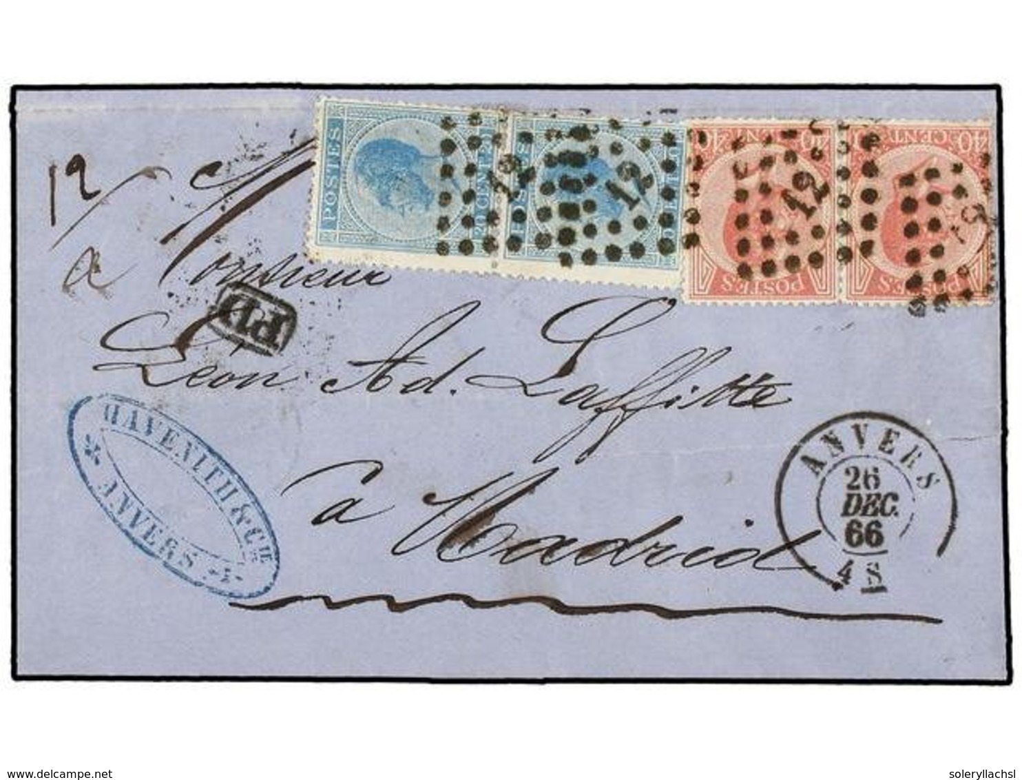 59 BELGICA. Of.18 (2), 20 (2). 1866. ANVERS To MADRID (Spain). Folded Letter Franked With Two <B>20 Cts.</B> Blue And Tw - Andere & Zonder Classificatie