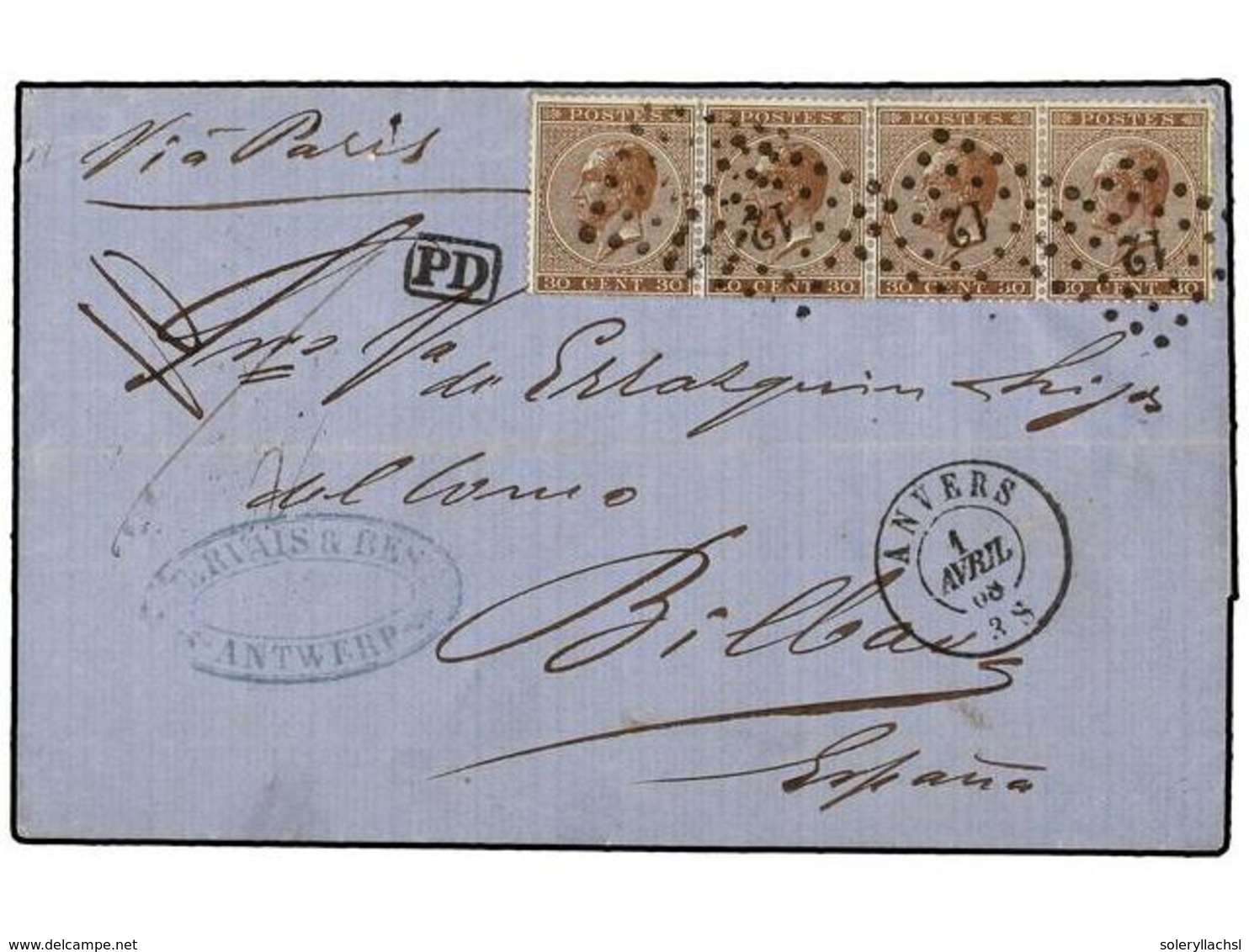 60 BELGICA. Of.19 (4). 1868. ANVERS To BILBAO (Spain). Folded Letter Franked With Four <B>30 Cts.</B> Brown Stamps, Tied - Other & Unclassified