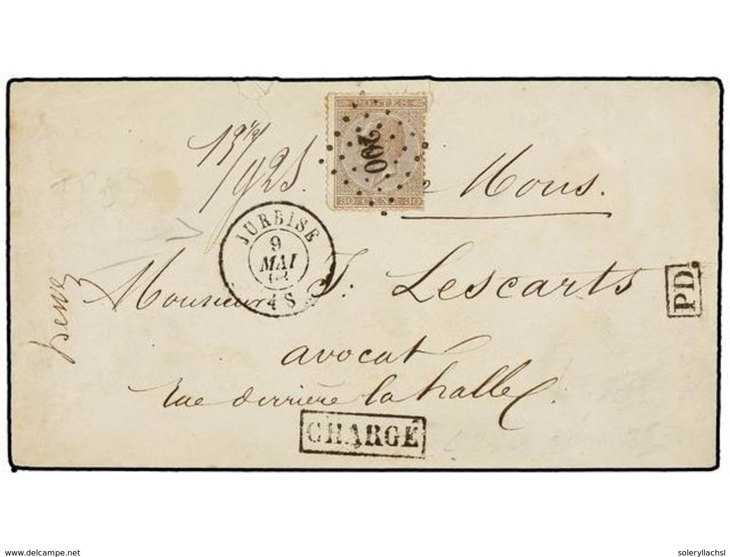 63 BELGICA. Of.19. 1868. JURBISE To MOUS. Envelope Franked With <B>30 Cts.</B> Brown Stamp, Tied By <B>200 Grill</B> Can - Autres & Non Classés