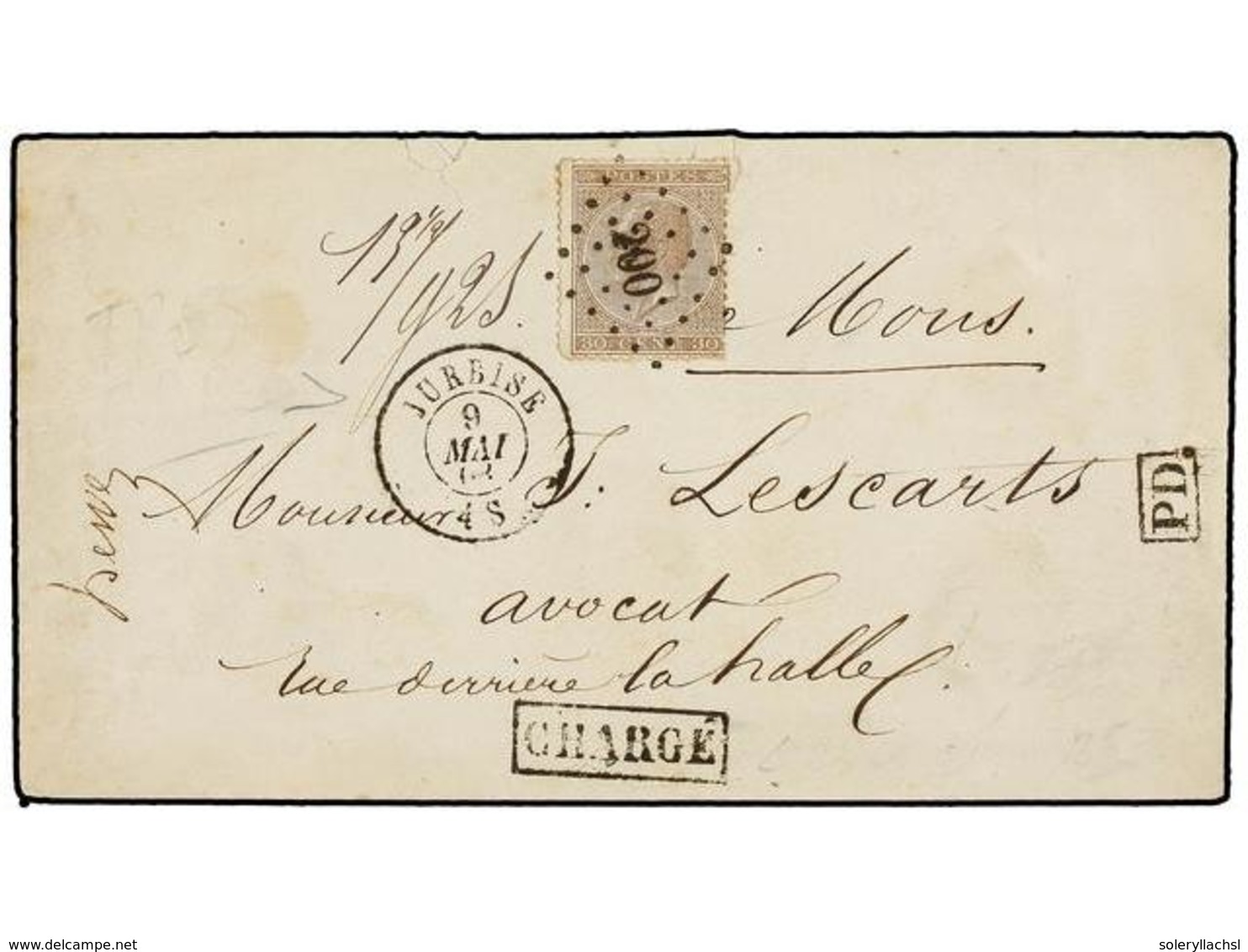 63 BELGICA. Of.19. 1868. JURBISE To MOUS. Envelope Franked With <B>30 Cts.</B> Brown Stamp, Tied By <B>200 Grill</B> Can - Andere & Zonder Classificatie