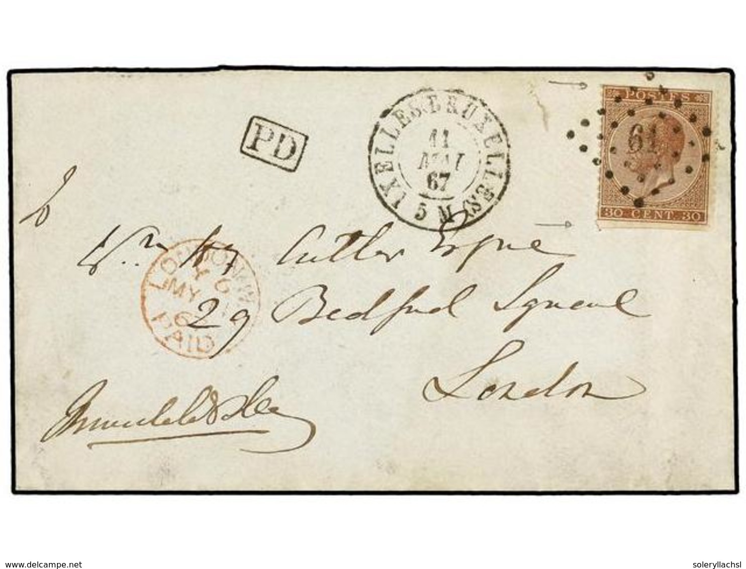 64 BELGICA. 1867. BRUXELLES To LONDON. Envelope Franked With <B>30 Cts.</B> Brown<B> IMPERFORATE HORIZONTALLY</B>. RARE  - Sonstige & Ohne Zuordnung