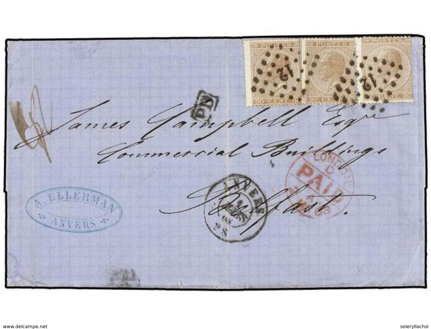 65 BELGICA. Of.19 (3). 1868. ANVERS To BELFAST (North Ireland). Entire Letter Franked With Three <B>30 Cts.</B> Brown St - Andere & Zonder Classificatie