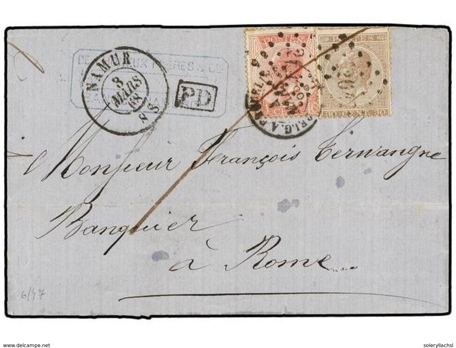 66 BELGICA. Of.19, 20. 1868. NAMUR To ROME. Folded Letter Franked With <B>30 Cts. </B>brown And <B>40 Cts.</B> Rose. - Andere & Zonder Classificatie