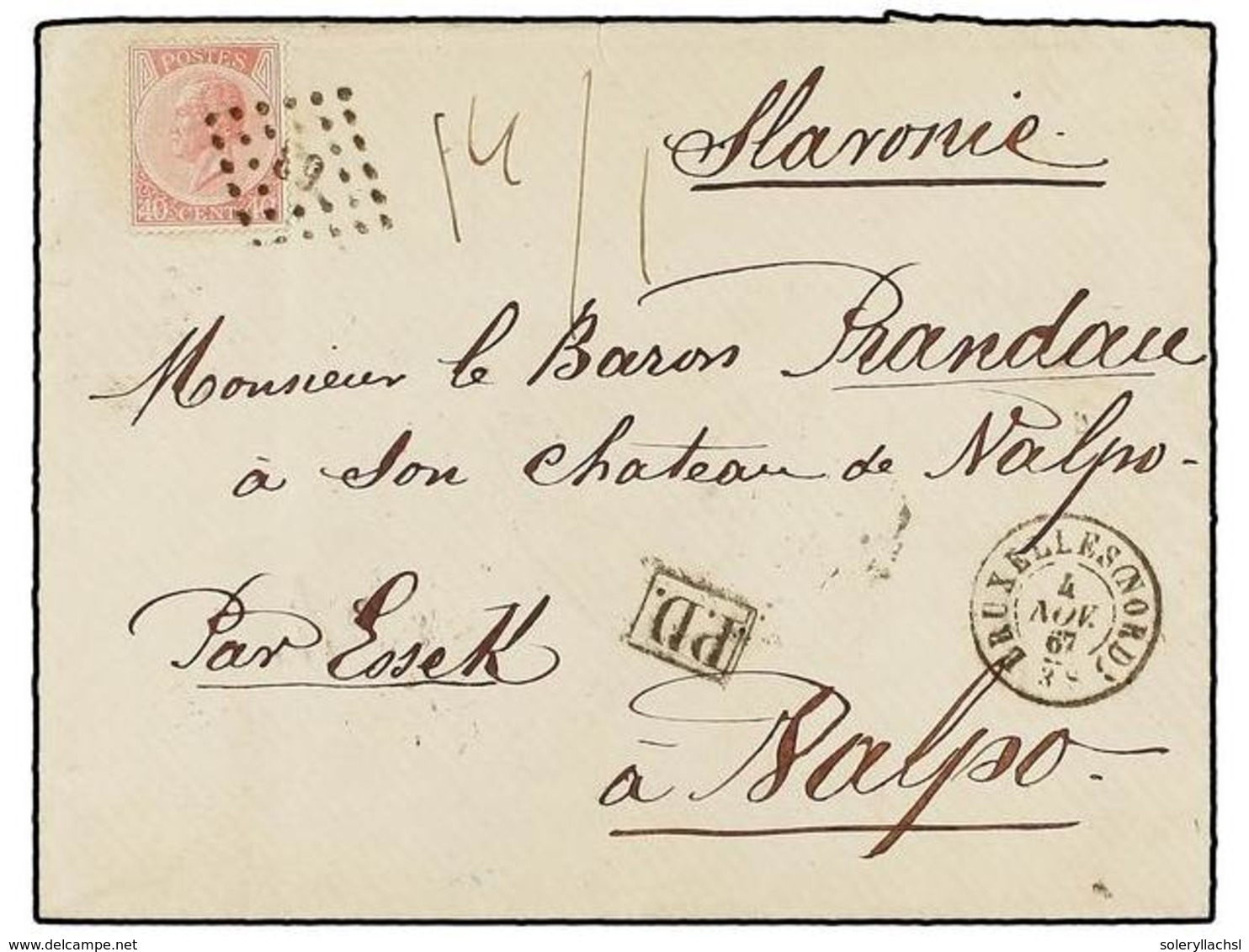 68 BELGICA. Of.20. 1867. BRUXELLES To VALPO (today Croatia). Envelope Franked With <B>40 Cts.</B> Rose Stamp, Tied By <B - Other & Unclassified