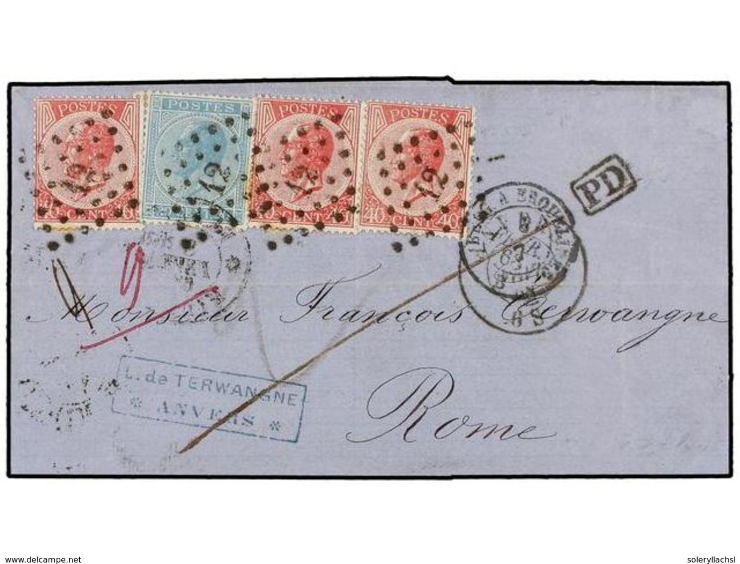 70 BELGICA. Of.18, 20 (3). 1868. ANVERS To ROME (Italy). Folded Letter Franked With <B>20 Cts.</B> Blue And Three <B>40  - Andere & Zonder Classificatie