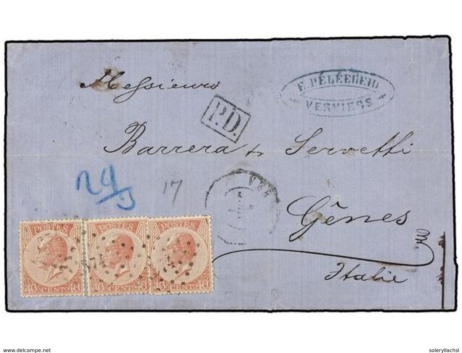 71 BELGICA. Of.20 (3). 1869. VERVIERS To GENOVA (Italy). Folded Letter Franked With Three <B>40 Cts.</B> Rose Stamps, Ti - Other & Unclassified