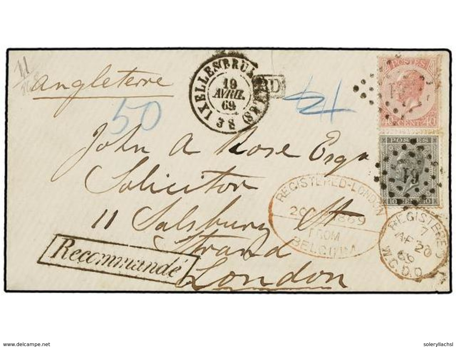 72 BELGICA. Of.17, 20. 1869. BRUXELLES To LONDON. Envelope Franked With <B>10 Cts.</B> Grey And <B>40 Cts.</B> Rose Stam - Sonstige & Ohne Zuordnung