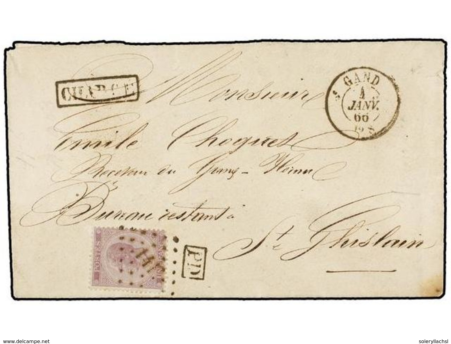 73 BELGICA. Of.21. 1866. GAND To SAINT GHISLAIN. Envelope Franked With <B>1 Fr.</B> Lilac Stamp, Tied By <B>141 Grill</B - Sonstige & Ohne Zuordnung