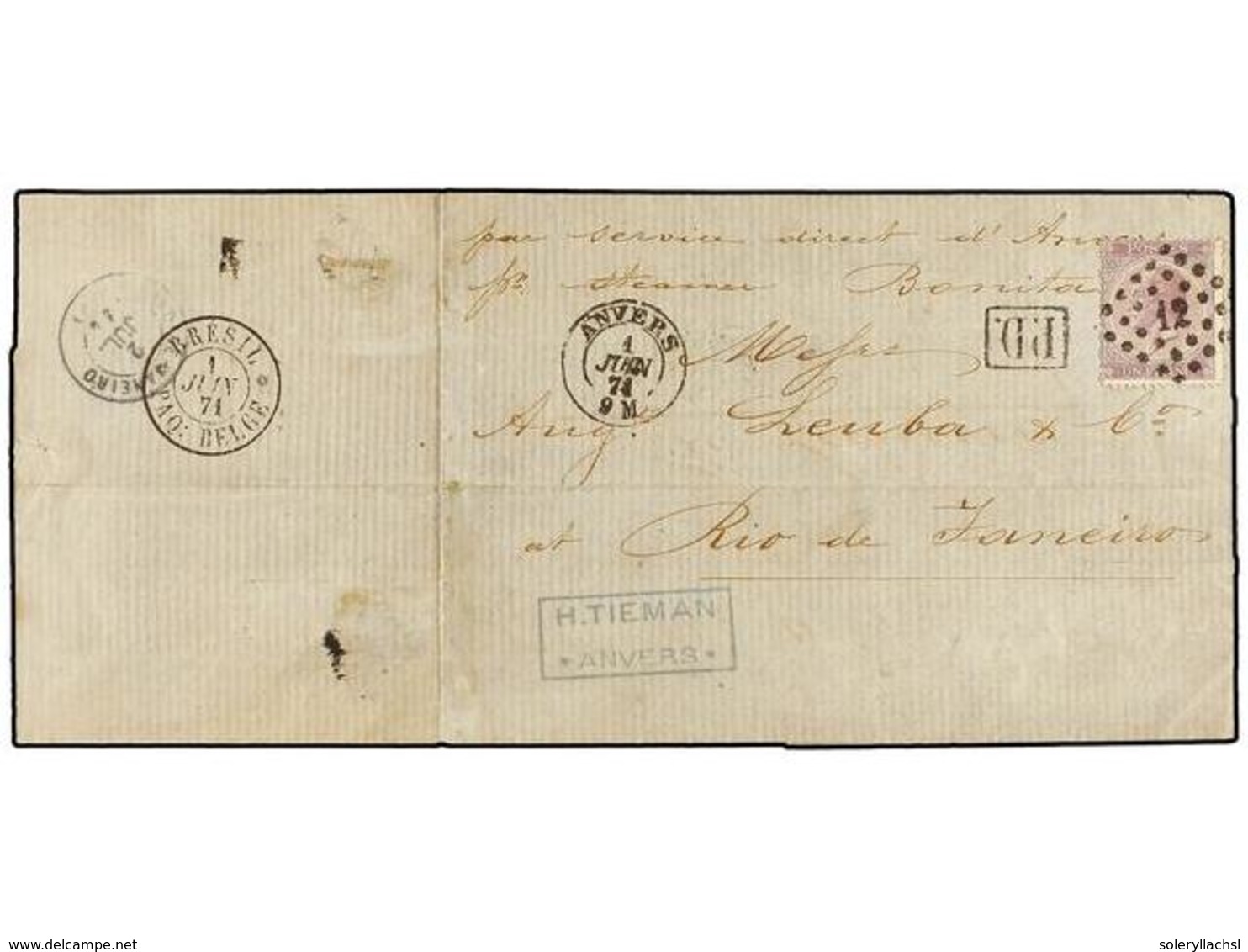 75 BELGICA. Of.21. 1871. ANVERS To RIO DE JANEIRO. Folded Letter Franked With <B>1 Fr.</B> Lilac Stamp Sent Via Belgian  - Andere & Zonder Classificatie