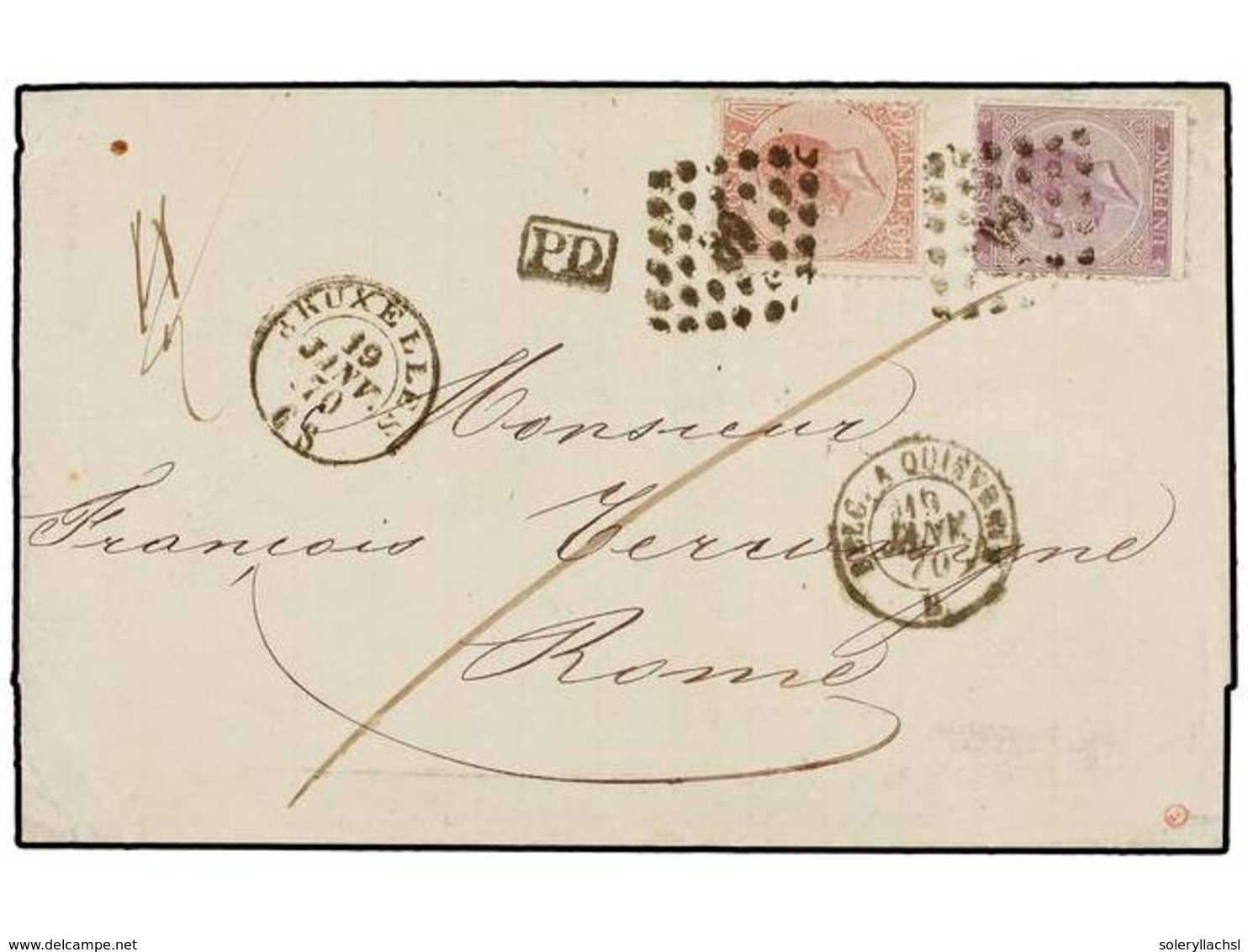 76 BELGICA. Of.20, 21. 1870. BRUXELLES To ROME (Italy). Folded Letter Franked With <B>40 Cts. </B>rose And <B>1 Fr.</B>  - Autres & Non Classés