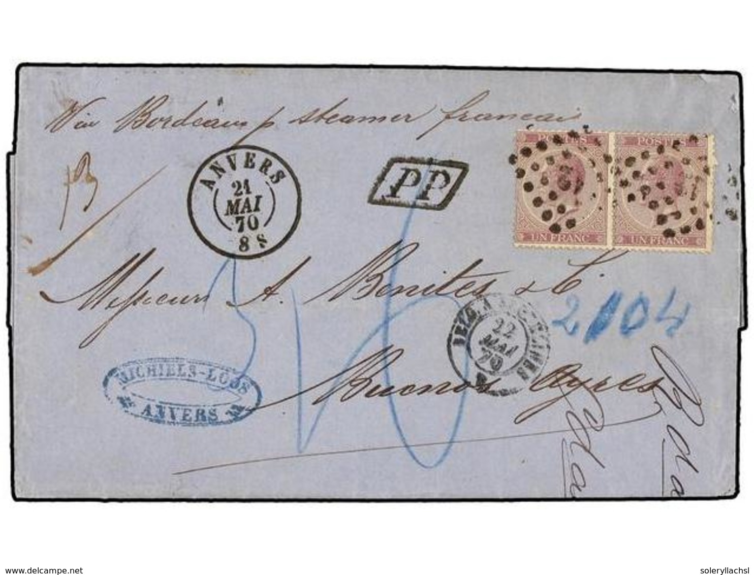 78 BELGICA. Of.21 (2). 1870. ANVERS To BUENOS AIRES (Argentina). Entire Letter Franked With Two <B>1 Fr.</B> Lilac Stamp - Autres & Non Classés