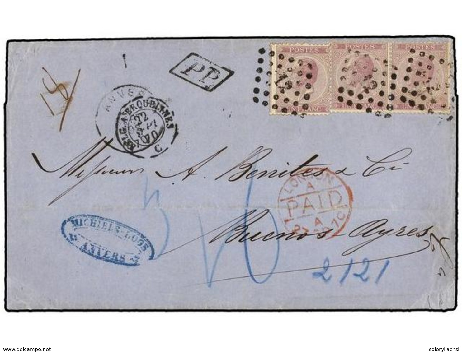 79 BELGICA. Of.21 (3). 1870. ANVERS To BUENOS AIRES (Argentina). Entire Letter Franked With Three <B>1 Fr.</B> Lilac Sta - Other & Unclassified